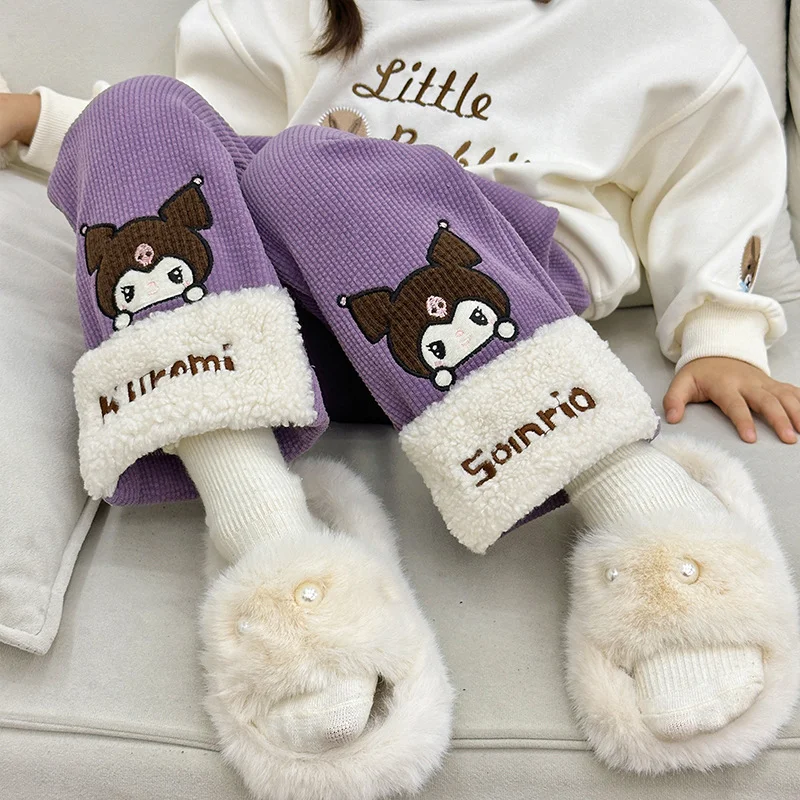 Sanrio Winter Kulomi Cute Warm Children's Trousers Cartoon Versatile Thickened Integrated Fleece Casual Straight Pants