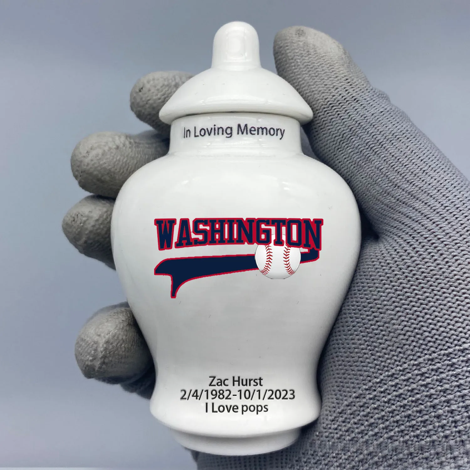 Mini Urn for Washington Nationals-Baseball themed.Please send me the customization information - name/date and number on the urn