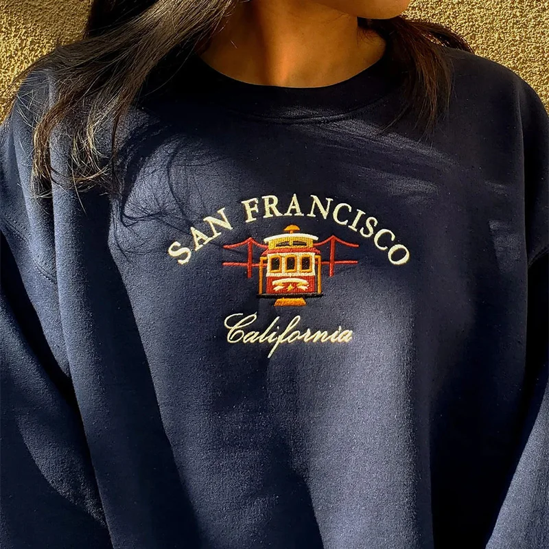 Vintage San Francisco Embroidery Printing Graphic Sweatshirts for Women Loose Cotton Autumn Thick Fleece Pullover Casual Jumper