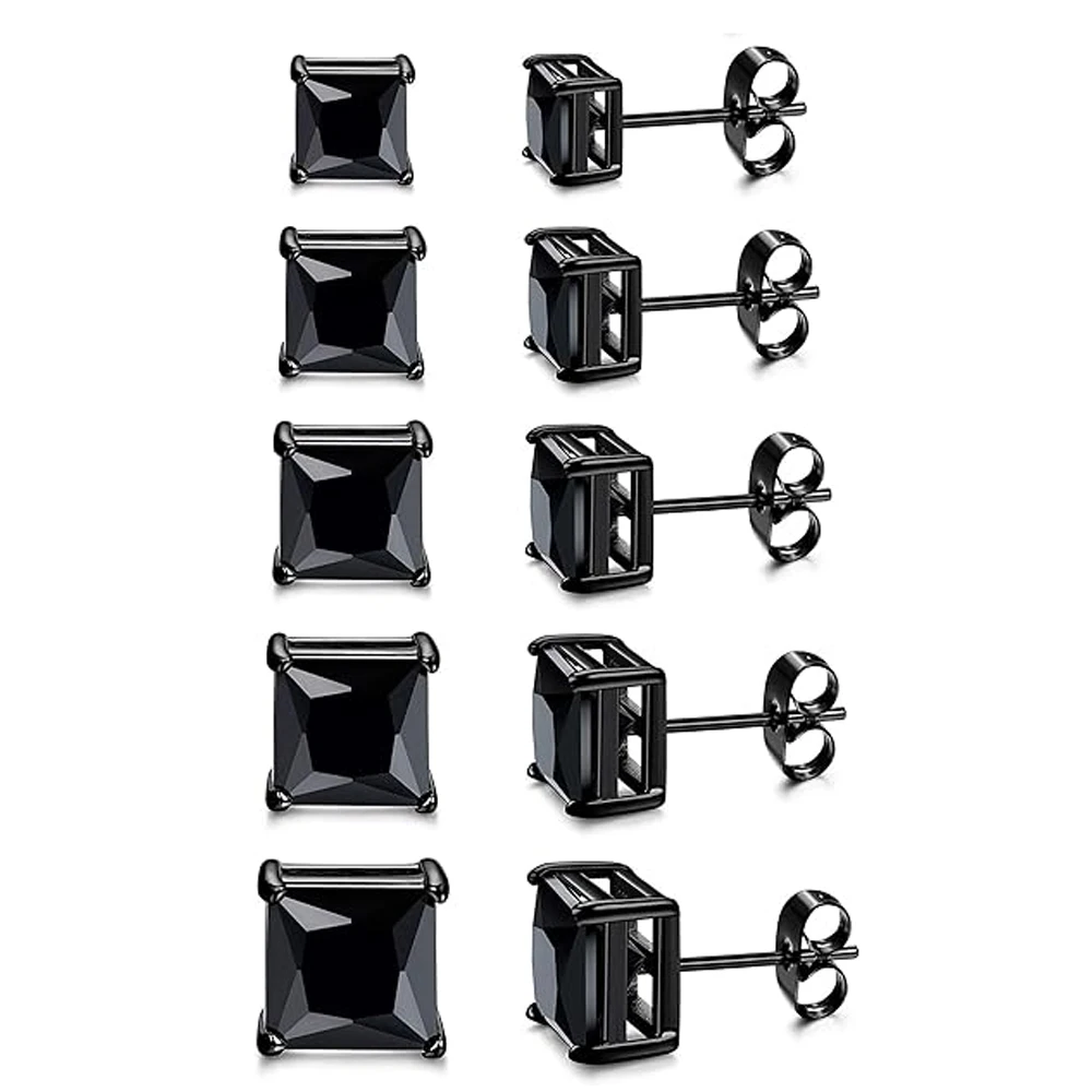 JKC Store 1 Pairs Square CZ Stud Earrings for Men Women Stainless Steel Princess Cut Cubic Zirconia Earring Studs 4MM-8MM