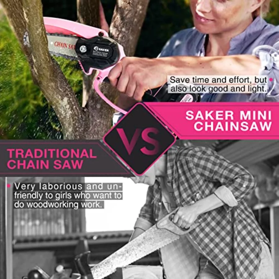 Mini Chainsaw Cordless 6-Inch 2023 Upgrade Switch Security Lock and Saker Mini Chainsaw Portable Electric Pink Mini Chain