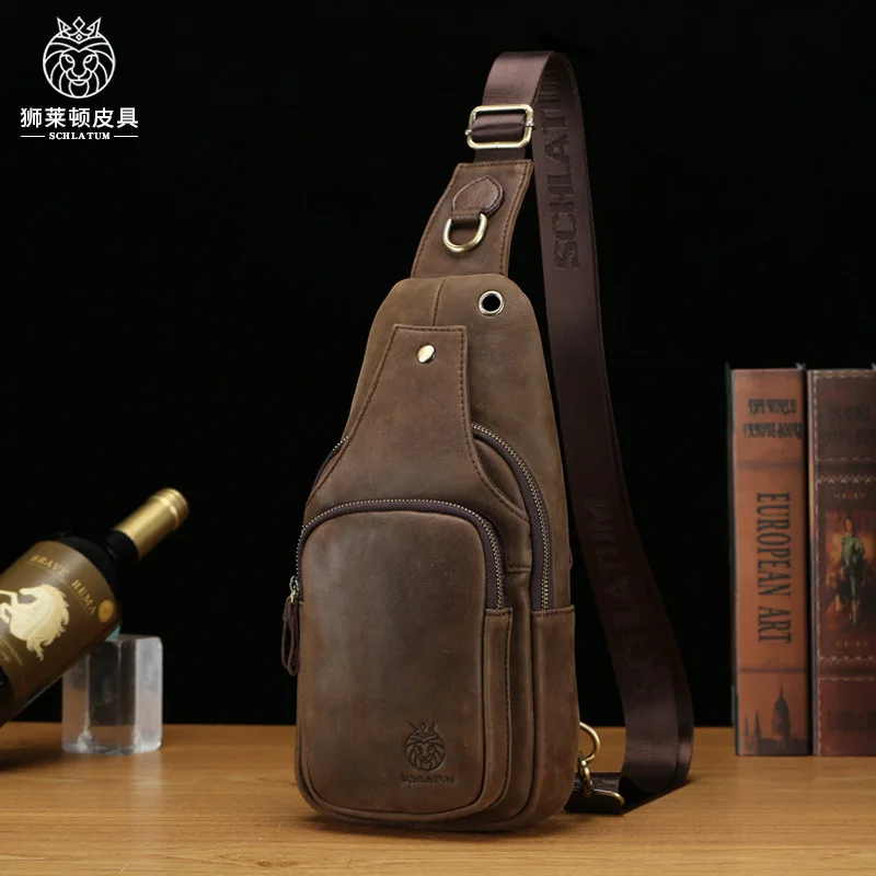 

Leather messenger breast bag retro new first layer cowhide men's front satchel fashionable simple versatile trend casual large c