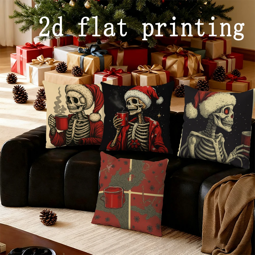 Home Decor Skeleton Santa with Cup Christmas Pillow Covers Pattern Cushion Cover Suitable for Sofa Bedroom Car Pillow Cover