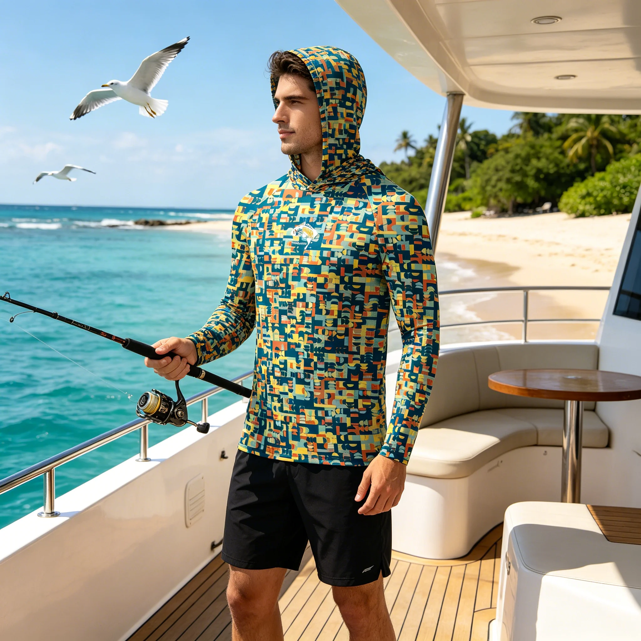 Fishing Hoodies Fishing Shirts Men UPF50 Sun Protection Long Sleeve Hooded Quick Dry Breathable Camo Print Outdoor Beach Sports