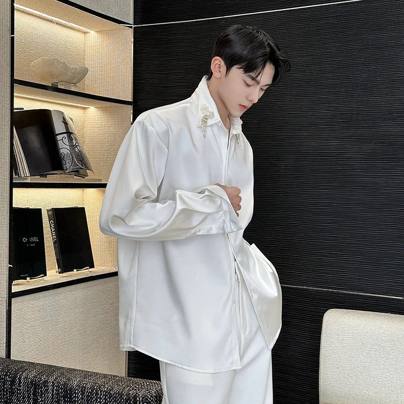 WTHT Fashion 2026 Summer Men's Solid Color Spliced Beading Design Shirt Trendy Turn Down Collar Single-breasted Tops Male 2A2883