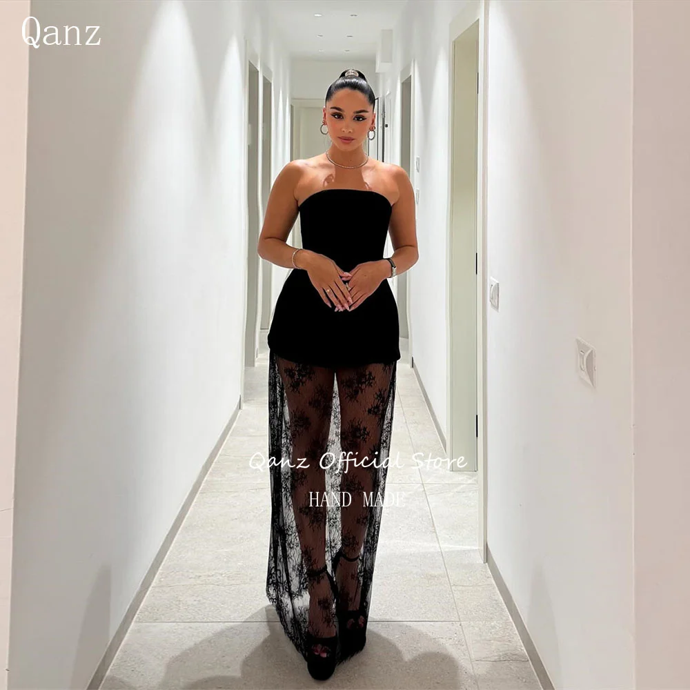 

Qanz Strapless Black Evening Dresses Lace Appliques See Through Vestido De Festa Elegante Feminino Luxo Party Gown Customized