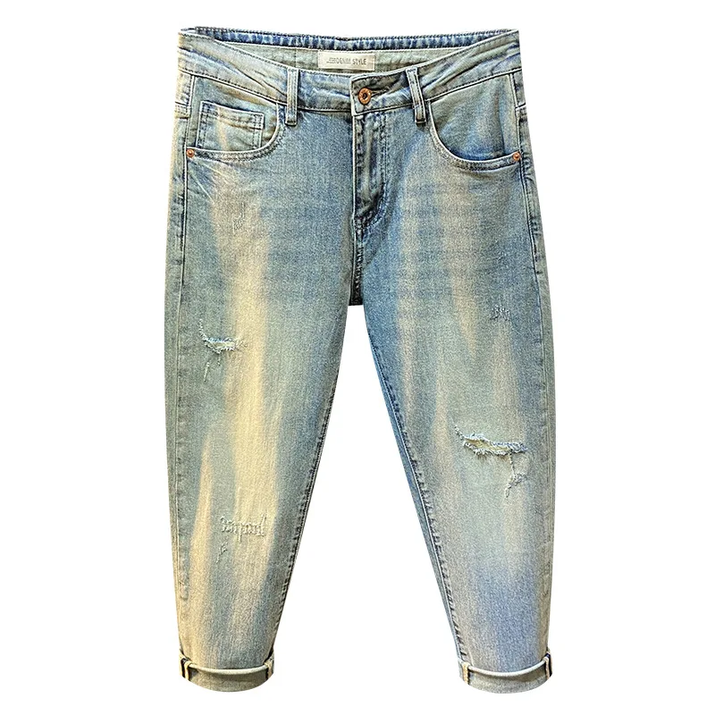 Fashionable high-end handsome jeans men's nine point 2025 summer thin embroidered slim fit trendy brand small foot casual pants