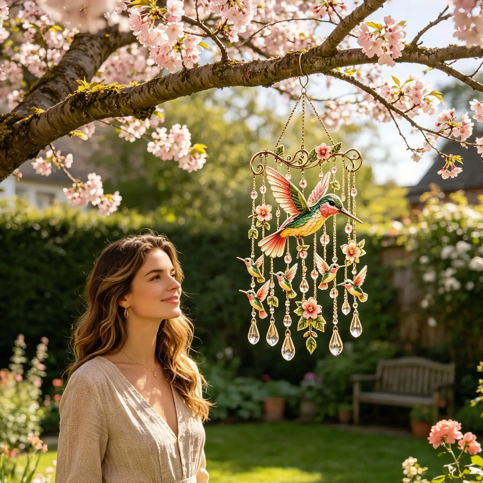 Hummingbird Windchime Cute Metal Sun Catcher Bird Garden Ornament For Outdoor Backyard Courtyard Patio Tree Balcony Porch Wall
