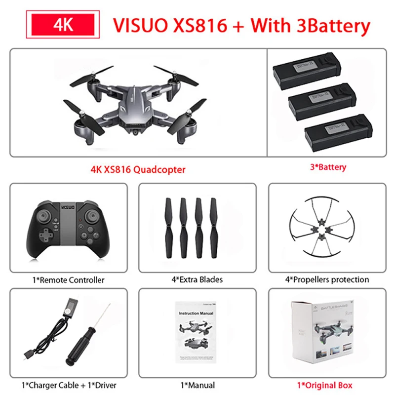 

Visuo XS816 Drone RC with 50 Times Zoom WiFi FPV 4K Dual Camera Optical Flow Quadcopter Foldable Selfie Dron VS SG106 XS812