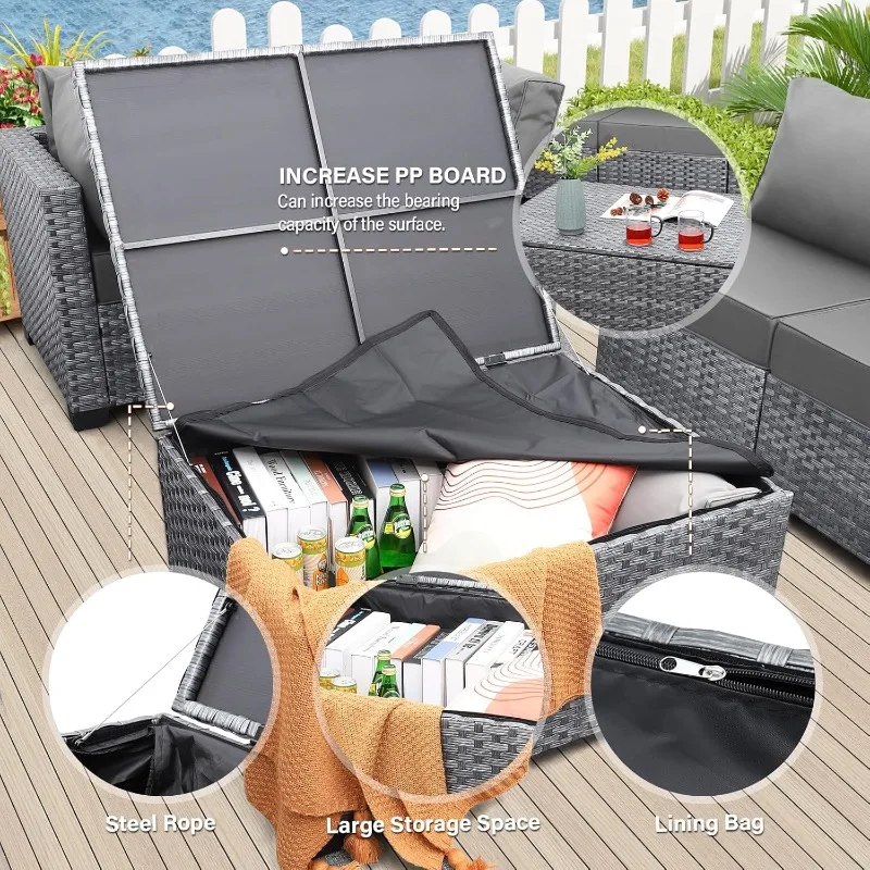 Set di mobili da giardino 7 pezzi divano componibile da esterno in Rattan grigio Set di divani da conversazione in vimini PE con tavolo portaoggetti