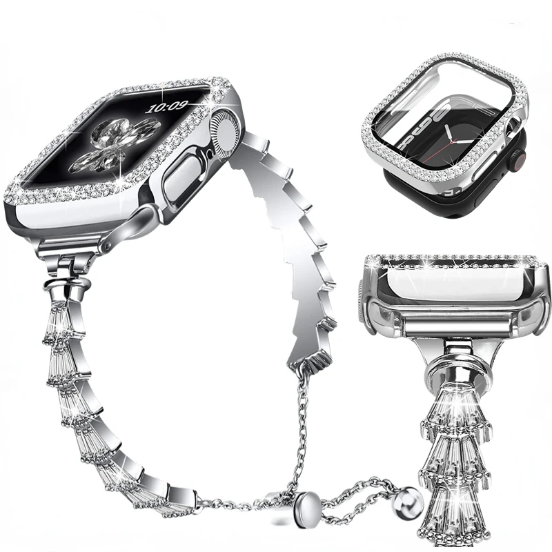 

Металлический ремешок со стразами + стеклянный чехол для Apple Watch 45 мм 44 мм 42 мм 41 мм 40 мм 38 мм, женский браслет, браслет для iWatch 8 7 6 5 4 3 SE, ремешок