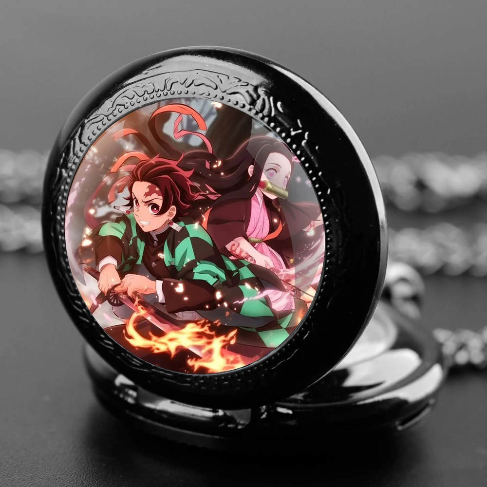 Anime Demon Slayer Glass Dome Design Arabic Numerals Quartz Pocket Watch Necklace Pendant Clock Chain Men Women Gifts