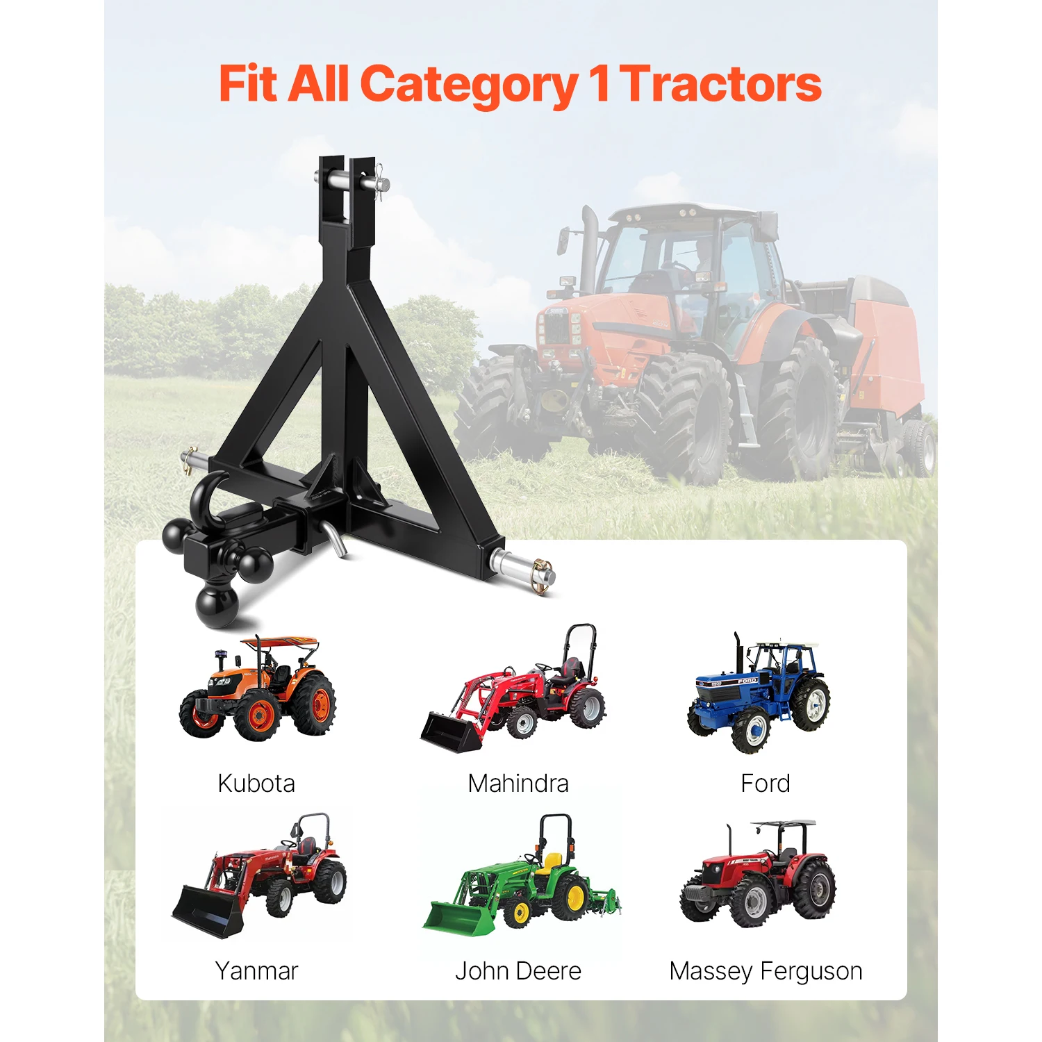VEVOR 3 Point Trailer Hitch 2in Receiver 3pt Quick Hitch Attachment with 3 Trailer Balls Compatible with Kubota Mahindra Ford