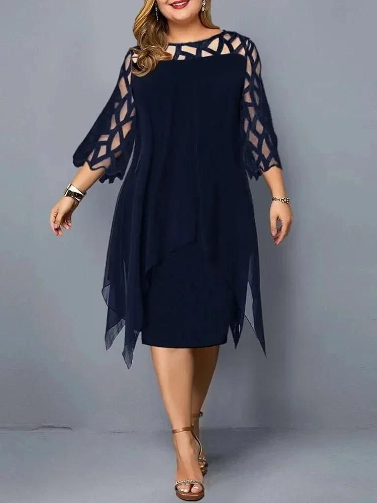 Party Dress For Women Chubby Lace Sleeve Hollow Out Solid Elegant Midi Xxl O Neck Sexy Women\'S Clothing Evening Dresses 2023