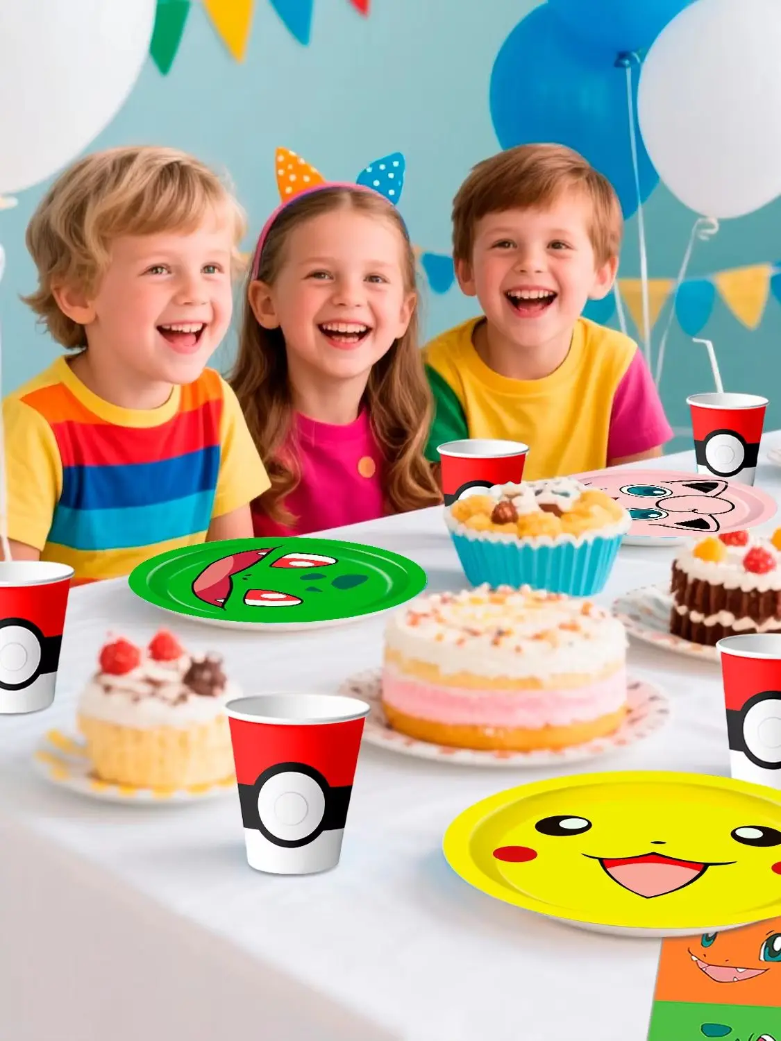 120 Stück Pokemon-Teller und Servietten für Partys – 60 Pokemon-Partyteller (7 und 9 Zoll), 30 Pokemon-Partyservietten und 30 Pokemon-Pappbecher usw. Pokemon-Geburtstagsparty-Geschirr für