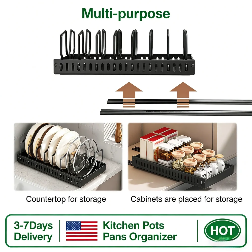 

Выдвижной органайзер для кухонной утвари с 8 регулируемыми U-образными разделителями, выдвижной держатель для крышек, из углеродистой стали, для крышек кастрюль и форм для выпечки