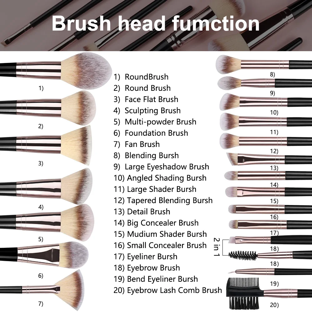 1-20PCS Professional Makeup Brushes Set Foundation Eyeshadow Concealer Blending Blush Brush Kabuki Soft Fluffy Women Beauty Tool