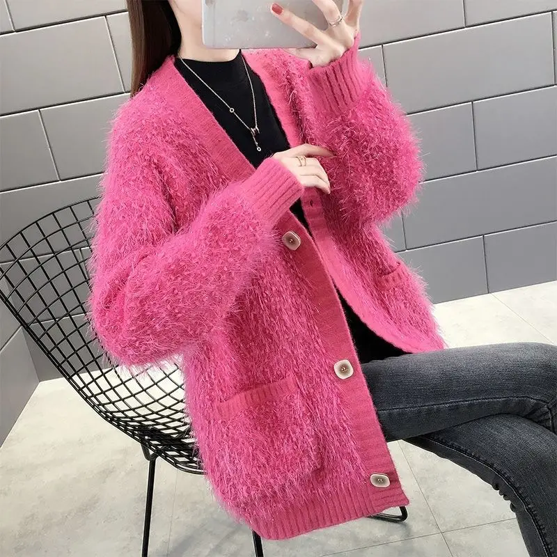 Red Faux Fur Winter Autumn Women Sweaters Trendy Furry Plush V-Neck Long Loose Korean Oversized Jacket Sweater Tops Overcoat