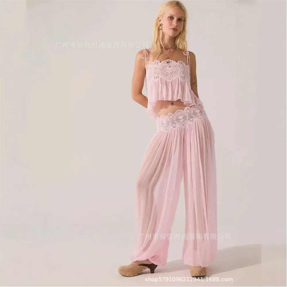 MsChuh Casual Women Matching Set Two Piece Outfit 2 Pieces Set For Woman Beachwear Vacation Holiday Loose Wide Leg Trouser Sling