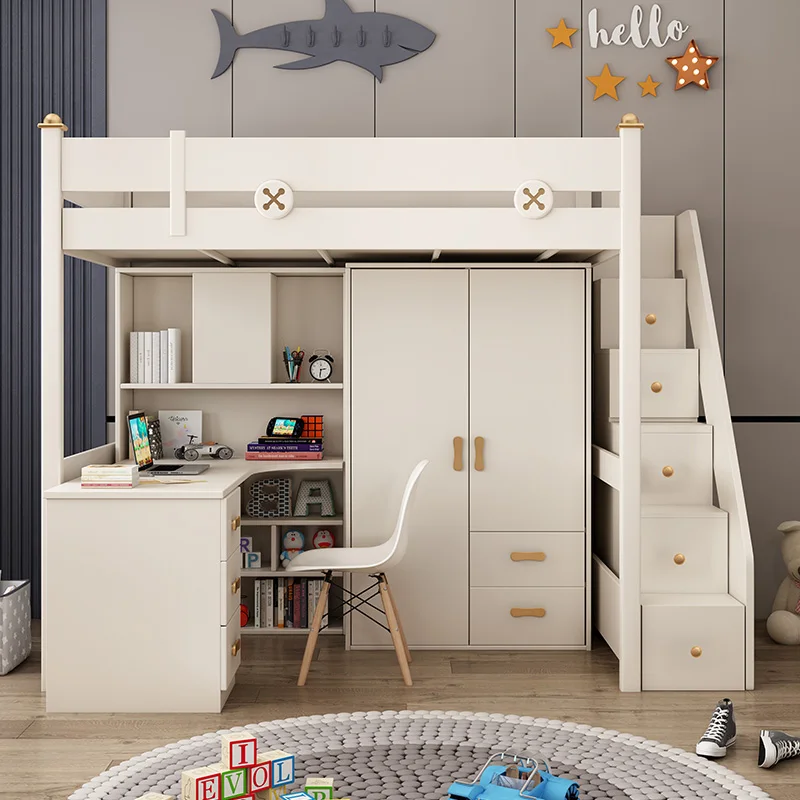 Adult combined bed with bed and desk, two-story high-low bunk bed with wardrobe and elevated bed for children.