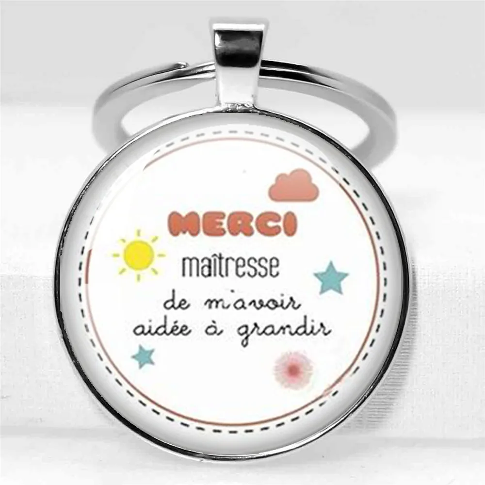 New Merci Maitresse Key Chain Ring Holder Fashion Glass Cabochon Bag Car KeyChain Holder 25MM/30MM KeychainJewelry Teachers Gift