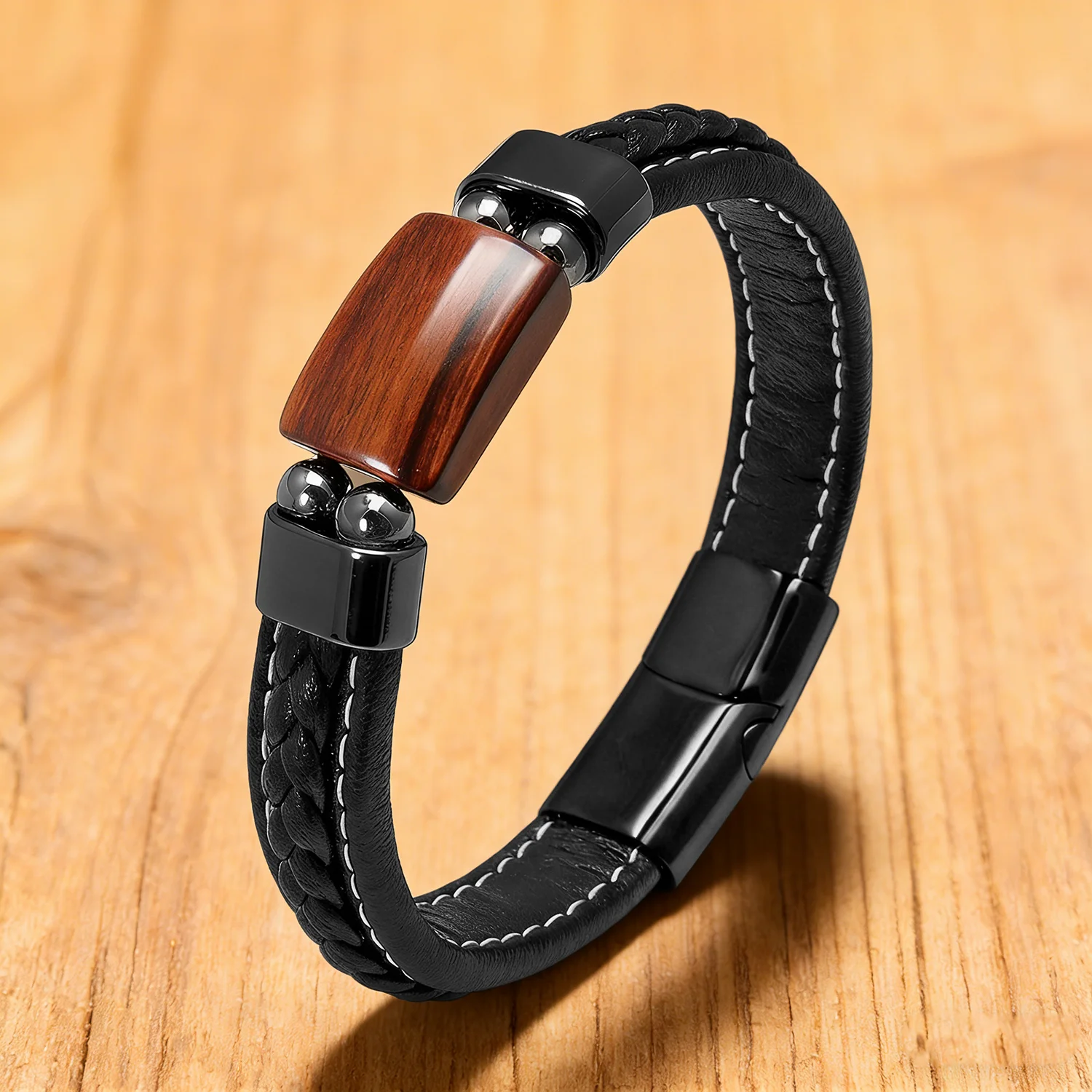 Men's Bracelet Natural Tiger Eye Agate Stone Braided Leather Rope Stainless Steel Magnetic Clasp Jewelry Gift
