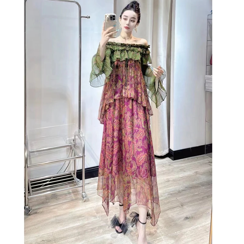 

2024 Summer New Women Dress Set Women One Line Neck Ruffle Edge Contrast Printed Top + Large Hem Long Skirt Two Piece Set ZF100