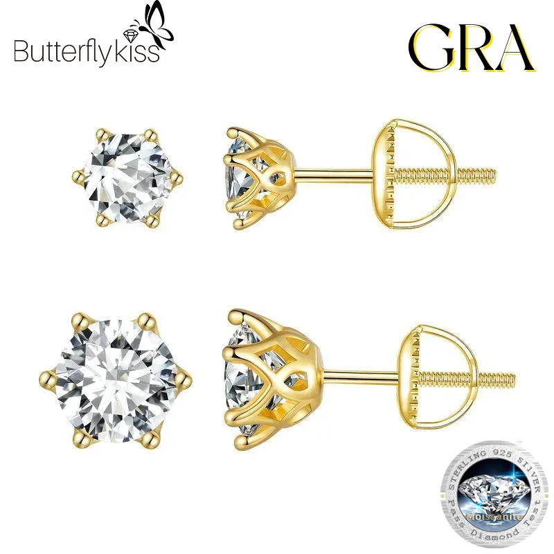 

Butterflykiss Classic Six-Claw 0.5-2CT Moissanite Screws Back Earrings For Women S925 Sterling Silver Gold Plated Fine Jewelry