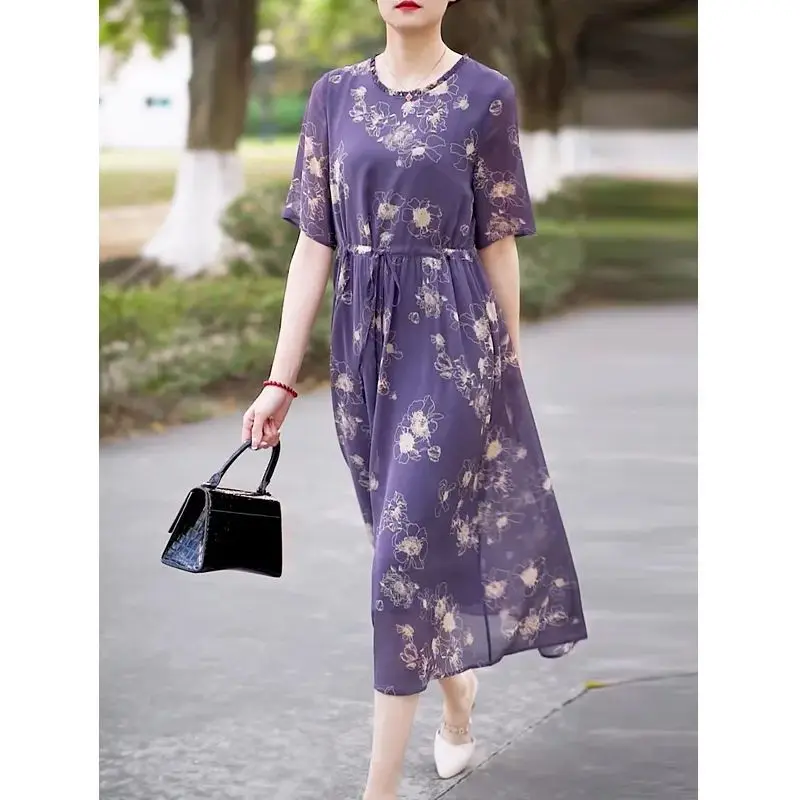 Elegant Round Neck Printing A-line Summer Clothes Drape Lacing Chiffon Short Sleeve Popular Purple Mid Length Dress for Women