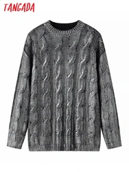 Tangada 2024 Women Fashion Silver Twist Knitting Sweater Long Sleeve Female Pullovers JA19