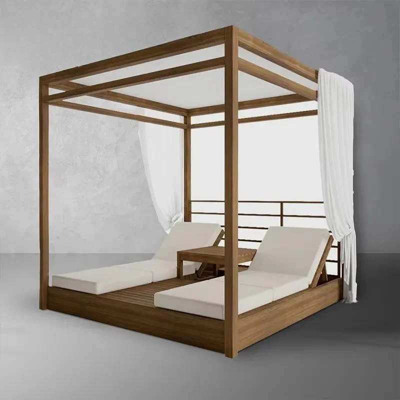 Janssong Contemporary Outdoor Patio Garden Set Luxury Shade Structure Solid Teak Canopy Daybed High Performance Fabric Sunbed