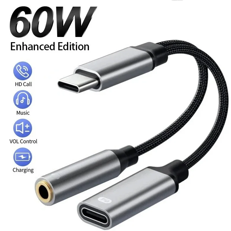 2-in-1-Typ-C-Splitter auf 3,5-mm-Klinkenstecker, kabelgebundener Audio-Adapter für Kopfhörer, PD-60W-Ladekabel für Xiaomi Redmi Realme Oppo Vivo Ohrhörer