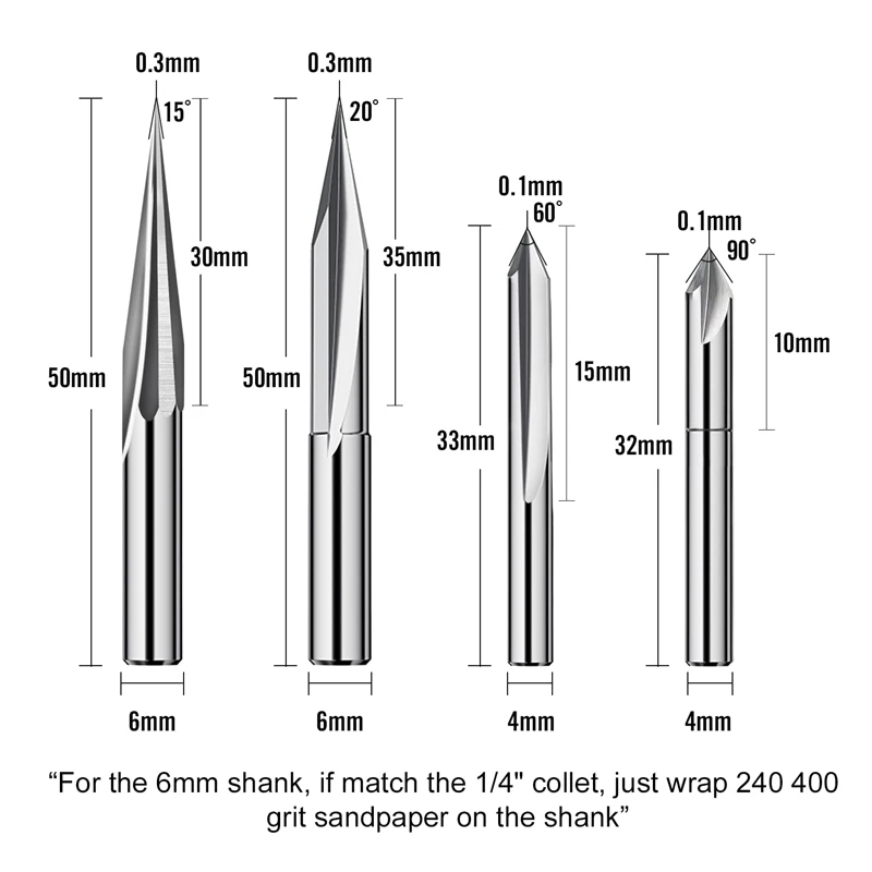 A47U CNC Router Bits Set 1/4 Shank, Engraving Wood Carving Router Bit 6mm & 4mm, V-Groove, Profile Bit, Tungsten Steel - 4PCS