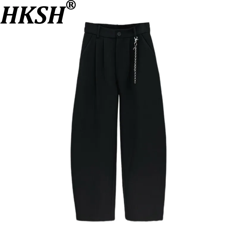 

HKSH Spring Autumn New Men American Style Pleated Chain Elastic Waist Versatile Trendy Casual High Street Straight Pants HK16134