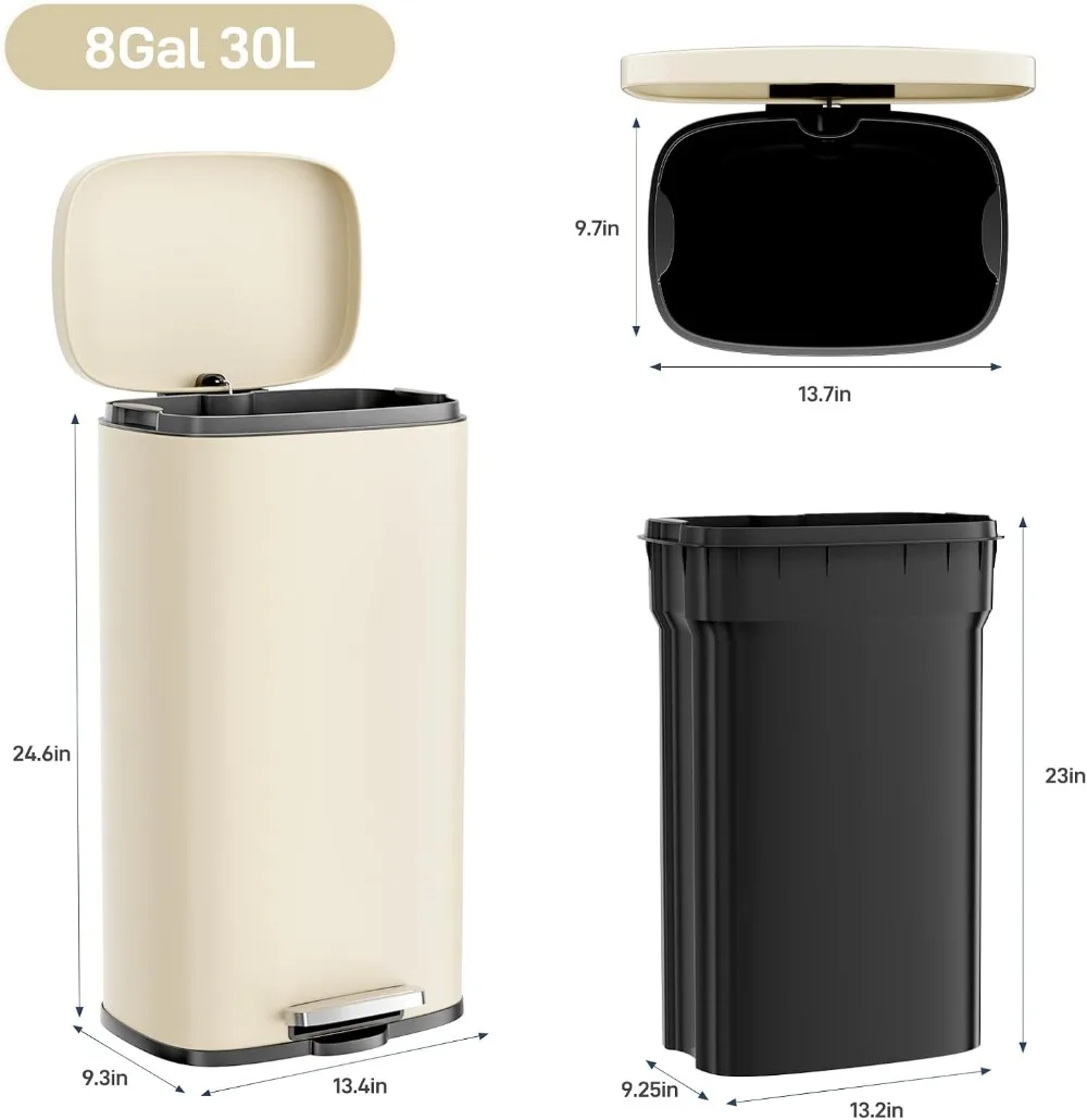 30L/50L Step Trash Can, Stainless Steel, Soft-Close Lid, Fingerprint-Proof, Kitchen Garbage Bin with Inner Bucket, Beige
