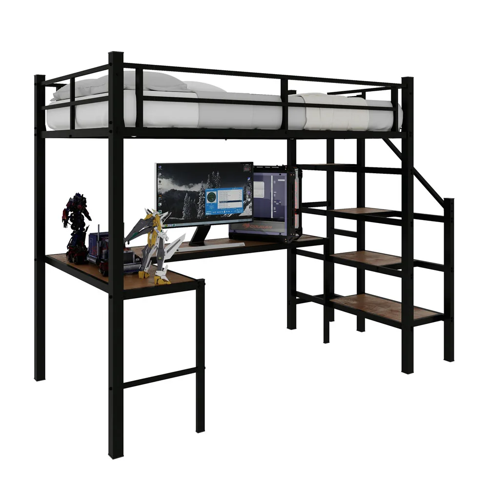 90x190cm Hohes Hochbettgestell mit L-förmigem Schreibtisch, platzsparendes Einzel-Hochbett mit Treppe, durchgehenden Sicherheitsgeländern, geräumigen Ablageflächen und Staufächern, stabiles Hochbett für Schlafzimmer, Teenager- und Erwachsenen-Schlafzimmermöbel – Detail 12