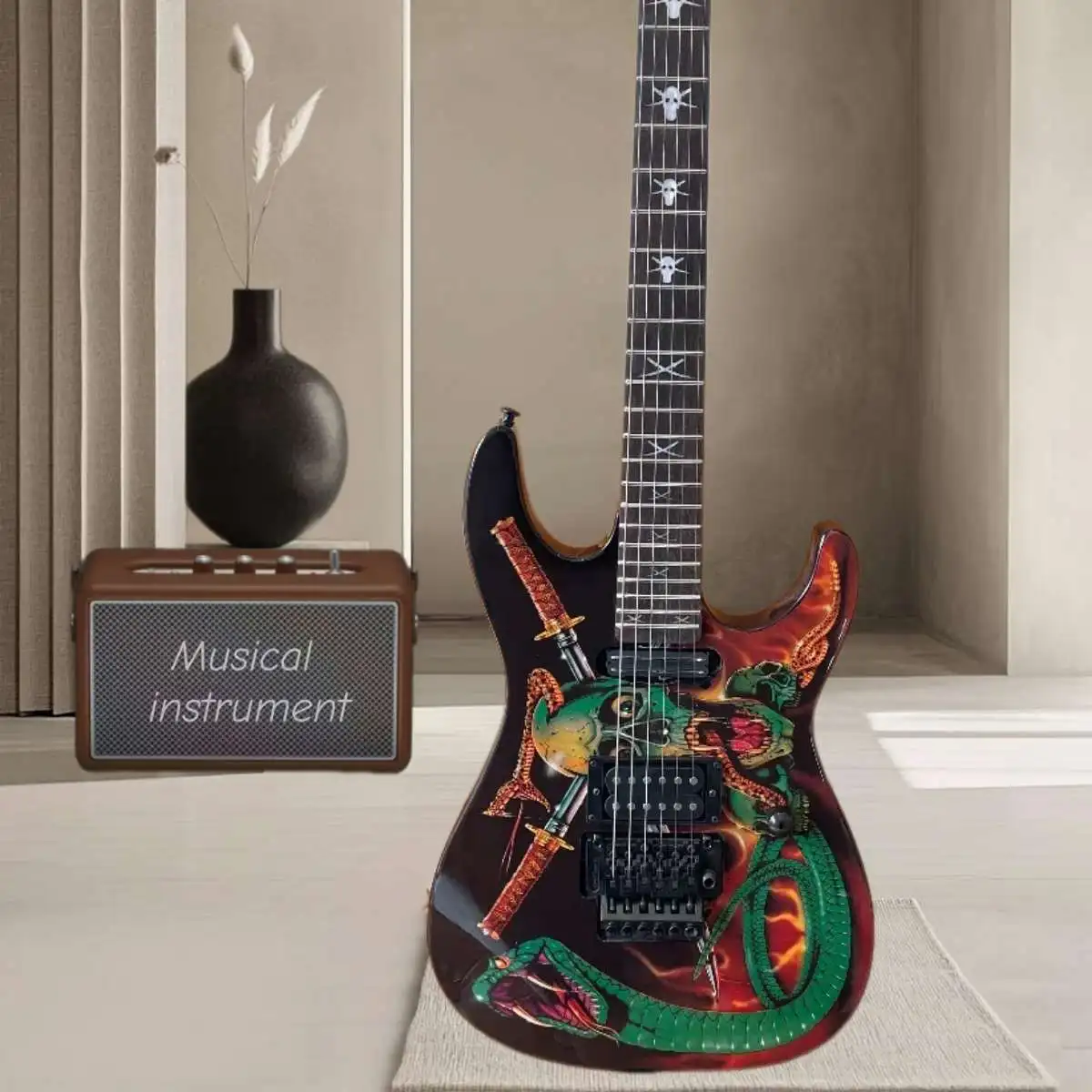 New Asymmetrical Design Green Electric Guitar with Snake Print Panel, 6-string Fixed Bridge Suitable for Music Festival Performances in Stock