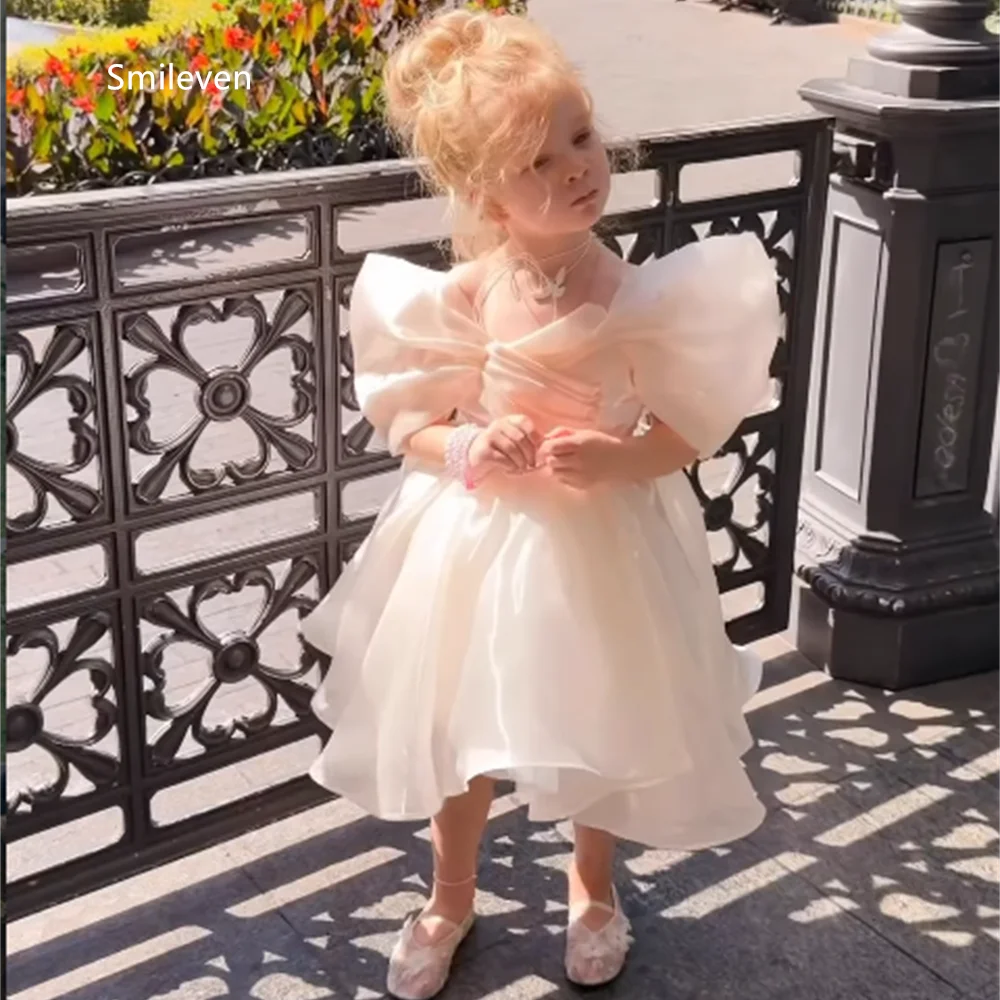 Smileven Ivory Short Ball Gown Girl Flower Dress Off Shoulder Puff Sleeve Backless Birthday Dresses Bow Lace Up Gowns Customized