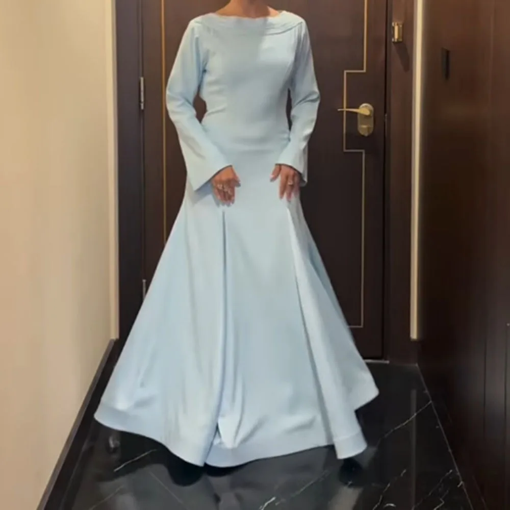 

Customized A-Line Evening Dresses Floor-Length Scoop-Neck Full Sleeve Prom Gown Fashion Pleat Backless Bow Draped Party Gown