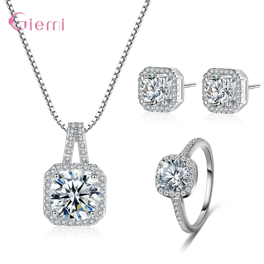 Luxury Wedding Bridal Jewelry Sets 925 Sterling Silver with AAA Cubic Zircon Stone Inlay Paved Pendant Necklace Earrings Ring