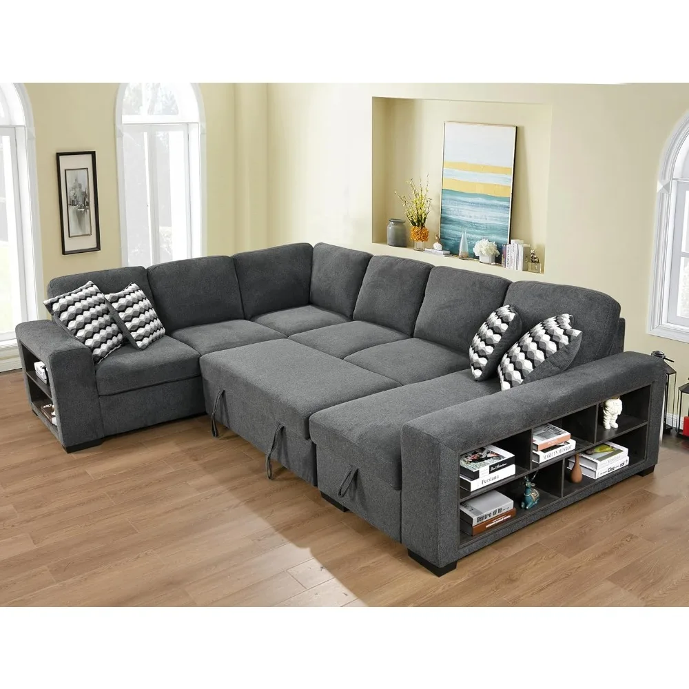 7 Seat Sectional Sleeper Sofa Bed with Storage Chaise, Pull Out Bed for Living Room,Dark Gray