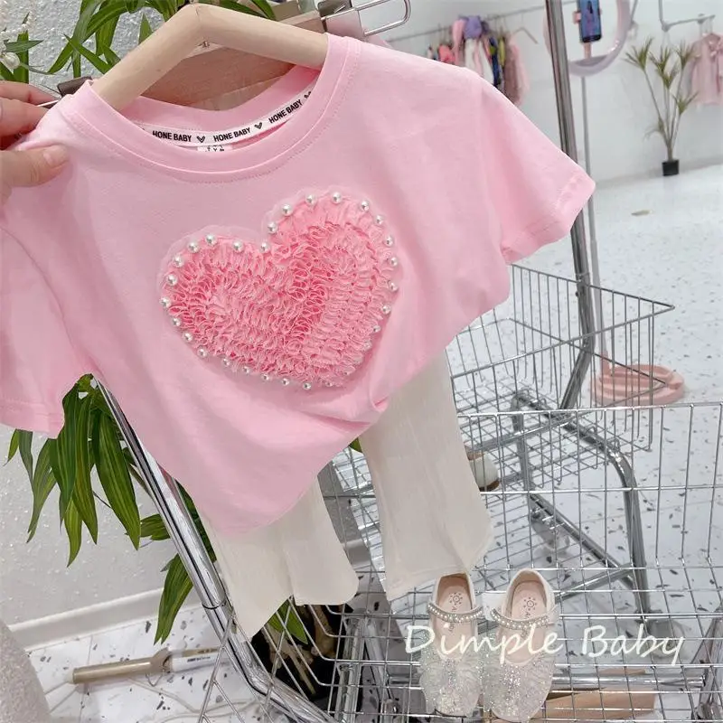 Girls Sweet Fashion Heart Flower Pearls Cotton Short Sleeve T-shirts Baby Kids Children Tee 2-7 Years