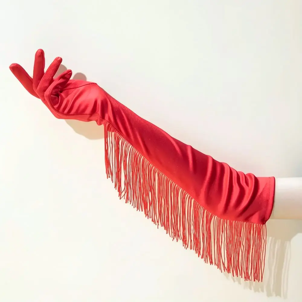 Women Long Satin Tassel Gloves For Wedding Party Dance Performance Stage Costume Formal Event Elegant Hand Accessory