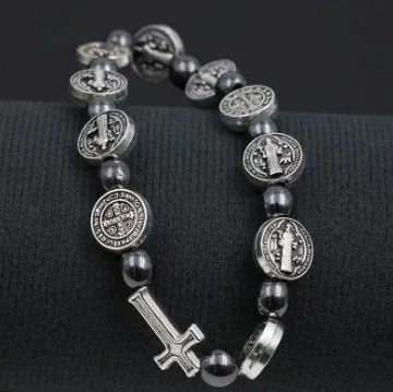 Modisches Katholisches Rosenkranz-Armband St. Benedikt Medaille Kreuz Gebetsarmband Hämatit-Perlen Religiöser Schmuck Accessoires – Detail 4