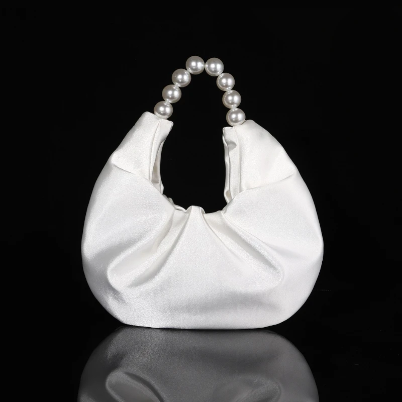

Fashion White Wedding Bag Women's Elegant Pearl Handle Cloud Party Handbag Fairy Niche Color Silky Like Satin Evening Bags