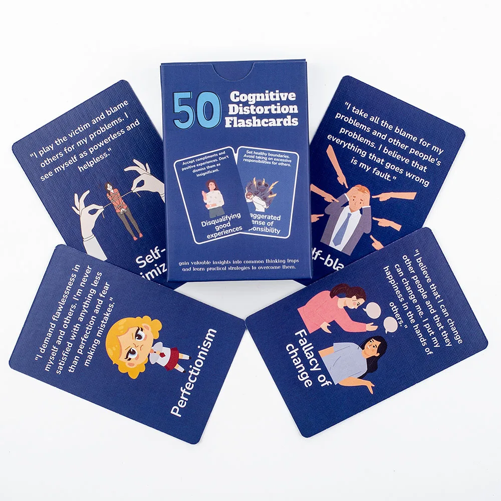 50 بطاقة تعليمية للتشويه المعرفي تحديد مصائد التفكير، استراتيجيات العافية العقلية العملية، لعبة لوحة الإدارة العاطفية