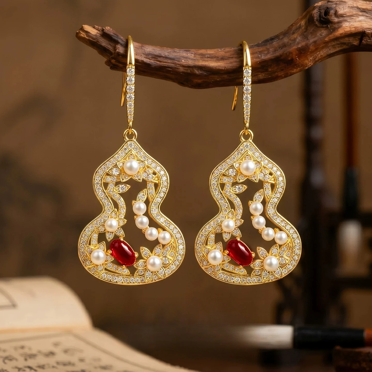 S925 Silver Ear Jewelry New Chinese style hollow out flower gourd long style ear hook cheongsam Chinese style jewelry