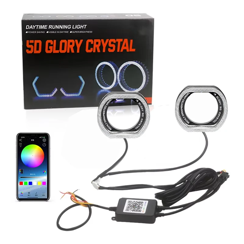 

2PCS 2.5/3" Car LED Angel Eyes Shrouds 5D Glory Crystal DRL Projector Headlight Covers Adjust Brightness Turn Signal App Control