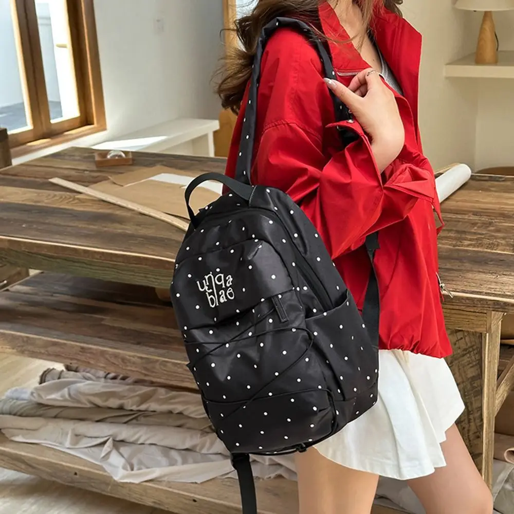 Nylon Material Polka Dot Backpack Lightweight Design Durable Construction Drawstring Rucksack Drawstring Closure Portable Size