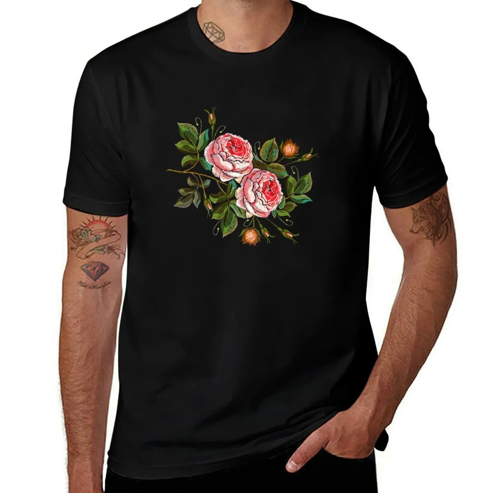 

Roses embroidery flowers T-Shirt Casual Pattern Print Tee Shirt